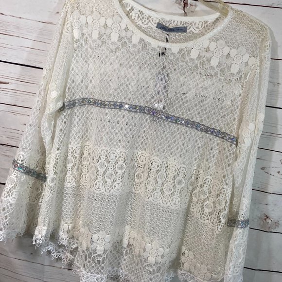 Arrianna by Howard's Ivory Sheer Lace Long Sleeve Top Women's Size Small Medium - Picture 7 of 11